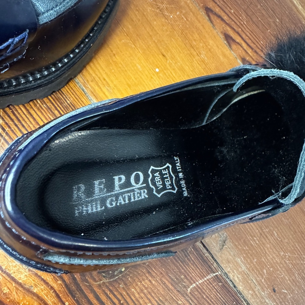 PHIL GATIÉR by REPO Patent Leather Lug Sole Loafers Pom Poms Blue Black 36 5.5 - Picture 7 of 10